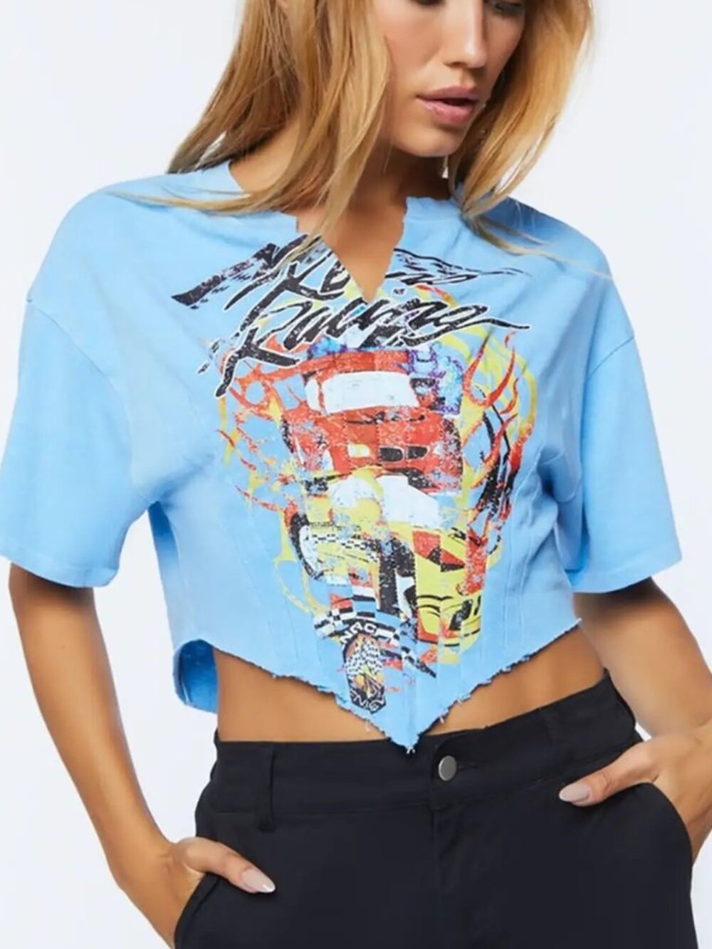 Forever 21 Blue Racing Graphic Cropped Tee S Y2K